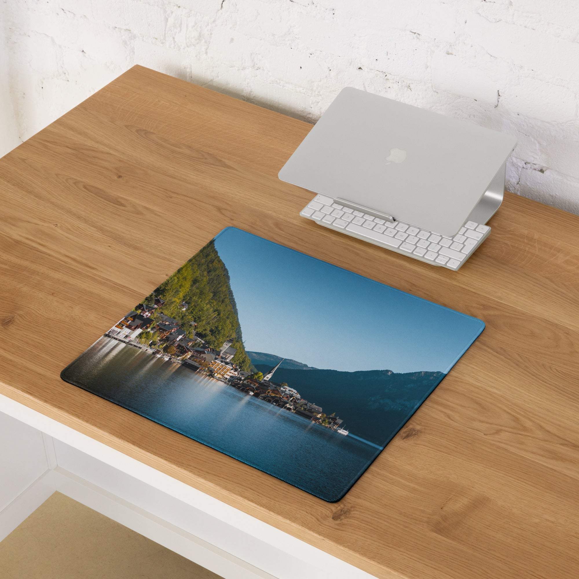 Blue Mountain Lake scenic gaming mouse pad with lakeside village view