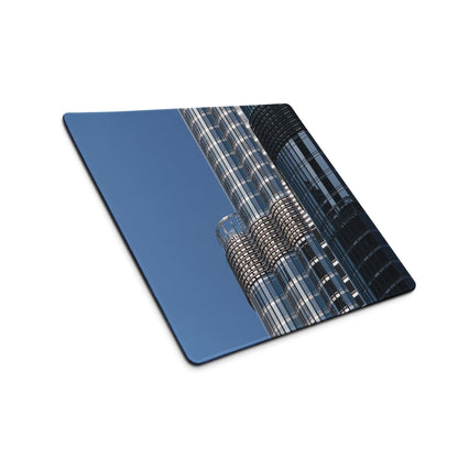 Premium large blue cityscape gaming mouse pad with skyscrapers, non-slip base, stitched edge