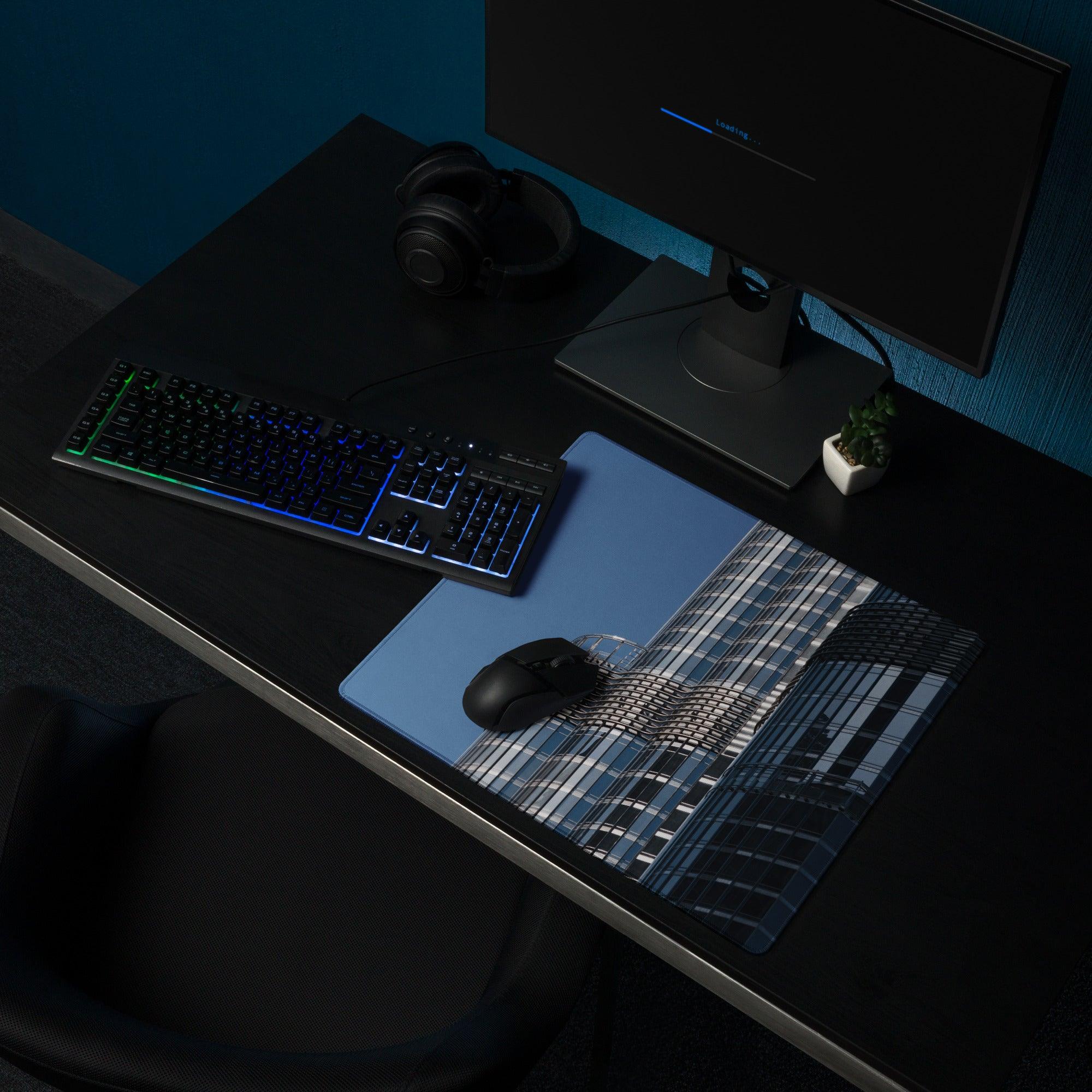 Premium large blue cityscape gaming mouse pad with non-slip base
