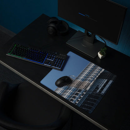 Premium large blue cityscape gaming mouse pad with non-slip base