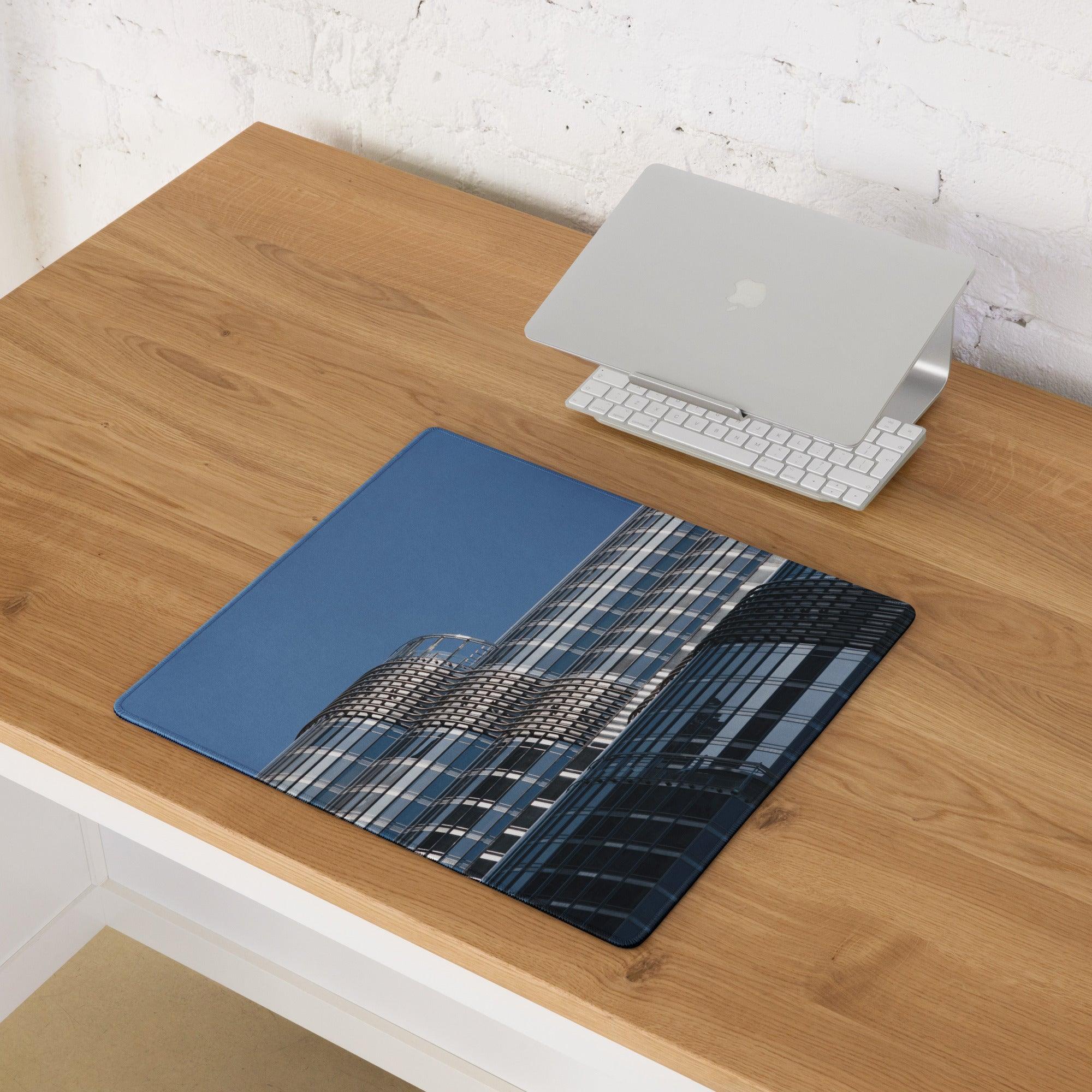 Premium large blue cityscape gaming mouse pad with skyscraper design