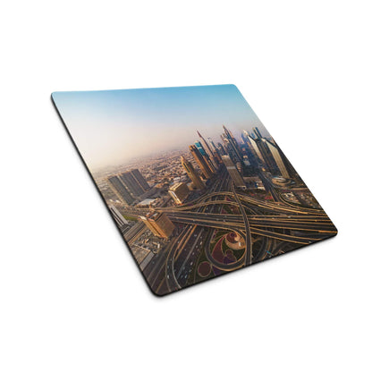 Vibrant warm sunset Dubai skyline aerial view gaming mouse pad