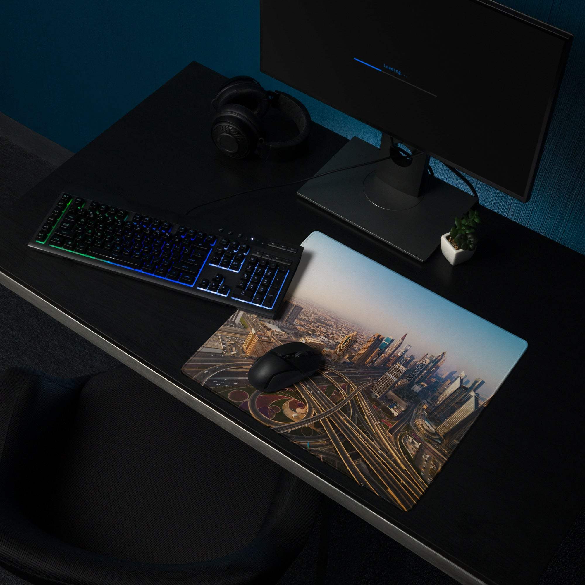 Large Dubai skyline gaming mouse pad with warm sunset aerial view