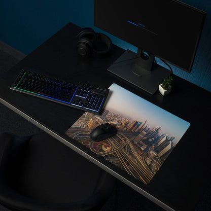 Large Dubai skyline gaming mouse pad with warm sunset aerial view
