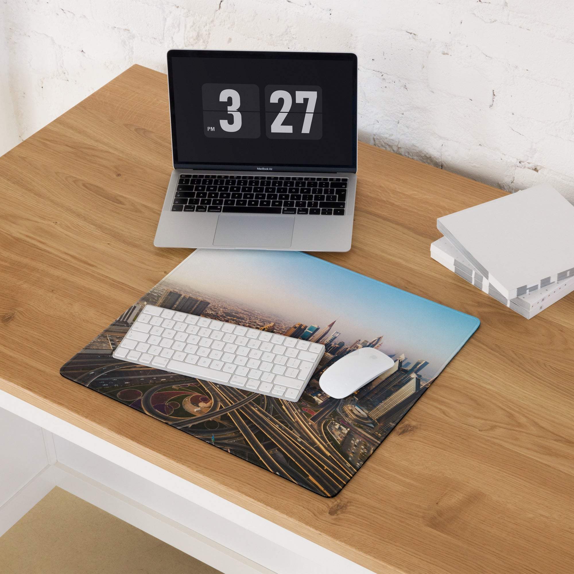 Large warm sunset urban skyline gaming mouse pad with highways and skyscrapers