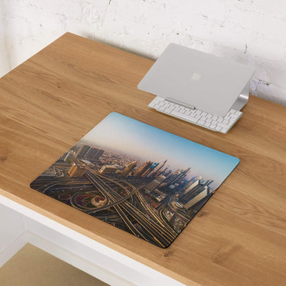 Warm sunset aerial Dubai skyline gaming mouse pad with non-slip base