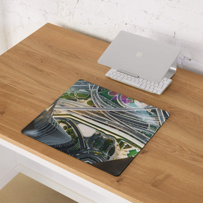 Cinematic cityscape aerial view gaming mouse pad with highway interchange