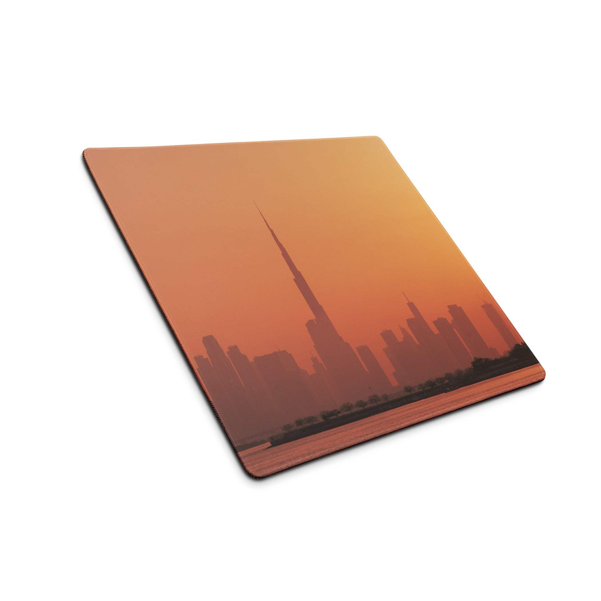 Square Dubai skyline silhouette coaster on orange sunset gaming mouse pad