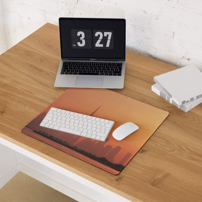 Orange sunset city skyline gaming mouse pad with textured edge stitching
