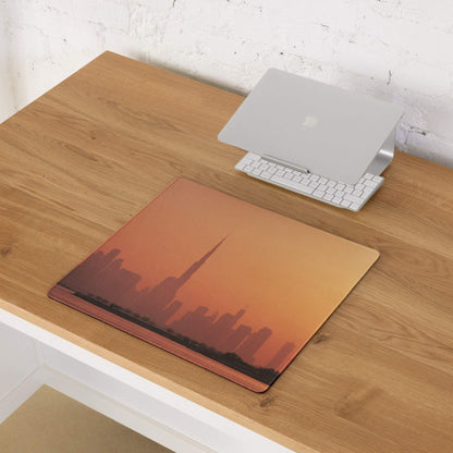 Large orange sunset skyline gaming mouse pad with Burj Khalifa silhouette