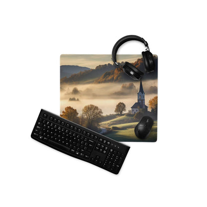 Pastoral autumn landscape gaming mouse pad with misty hills and church spire
