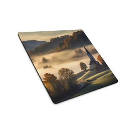 Pastoral autumn landscape gaming mouse pad with misty hillside church spire