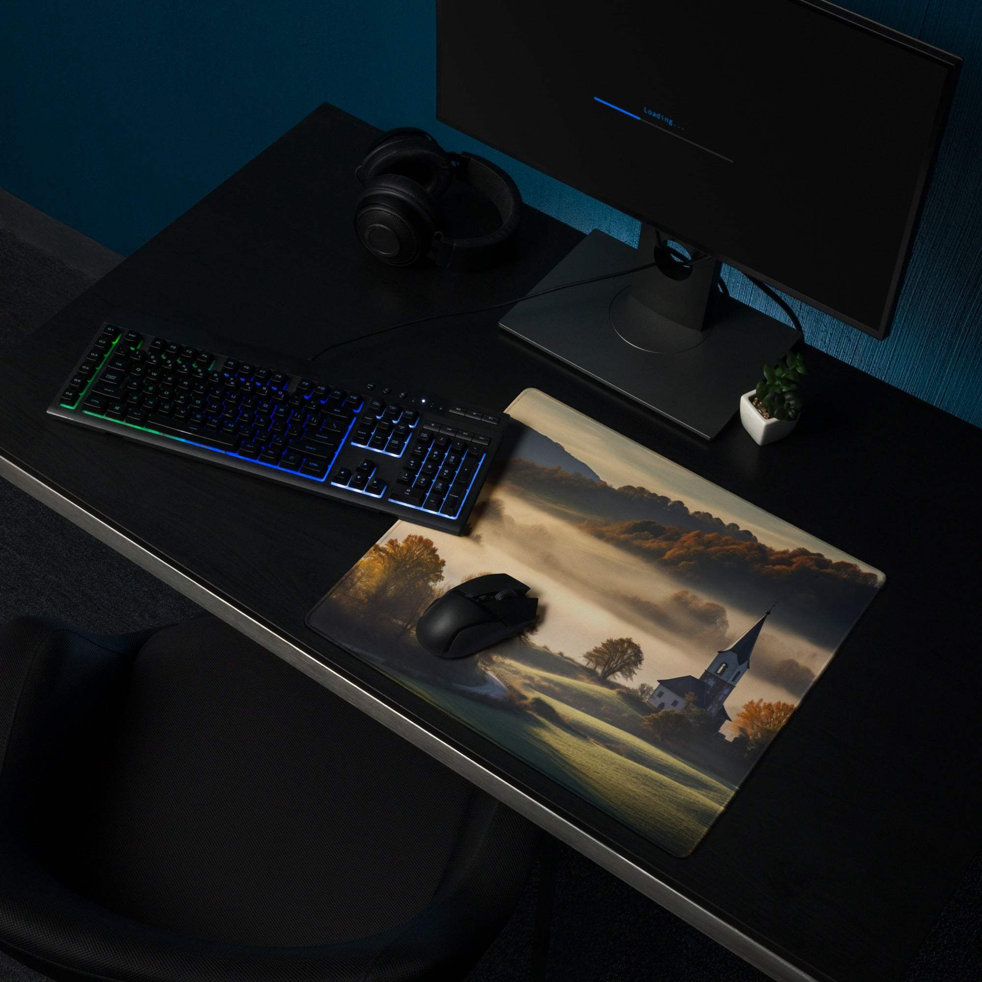 Pastoral autumn gaming mousepad with golden mist, church, hills, trees