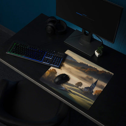 Pastoral autumn gaming mousepad with golden mist, church, hills, trees