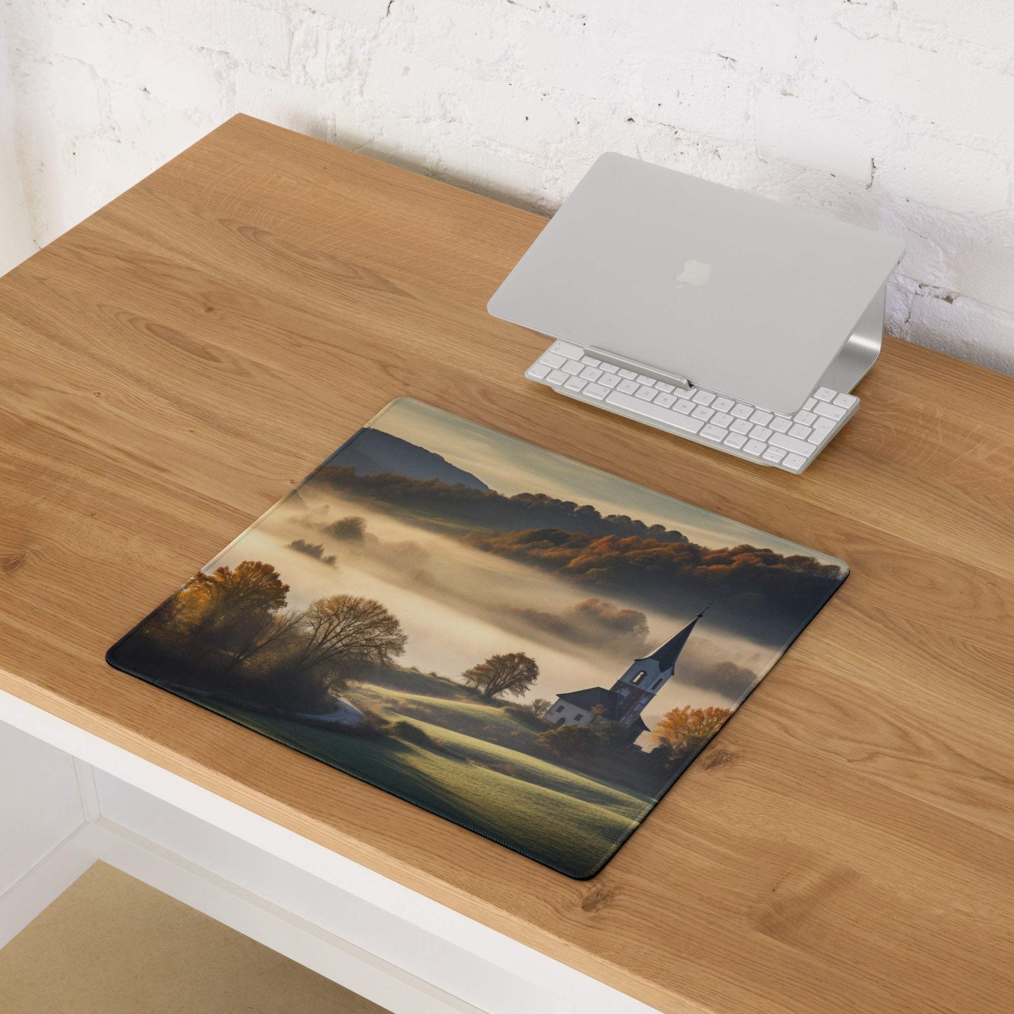 Pastoral autumn landscape gaming mouse pad with golden mist and church village scene