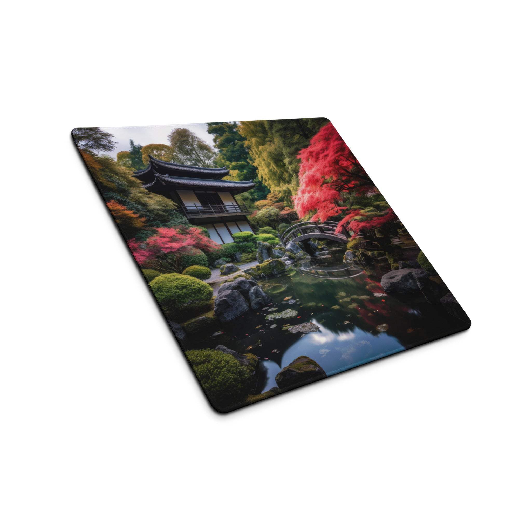 Tranquil Japanese garden mouse pad with pond, bridge, non-slip base