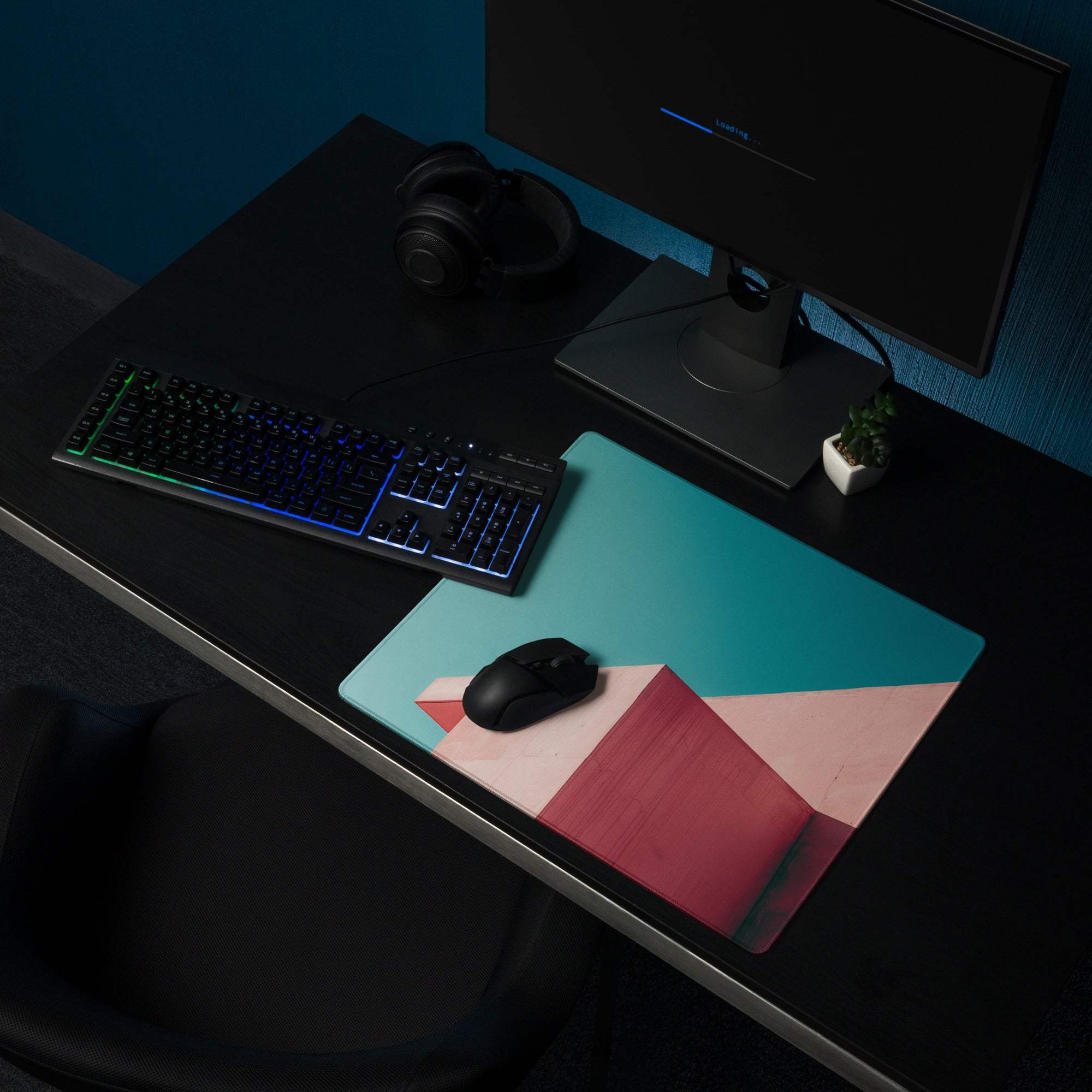 Teal and pink minimalist large gaming mouse pad with geometric design
