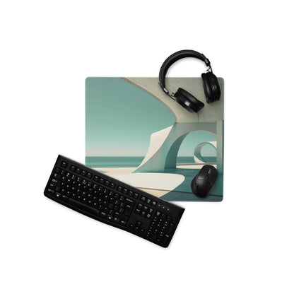 Minimalist architectural coastal teal gaming mouse pad with curves design