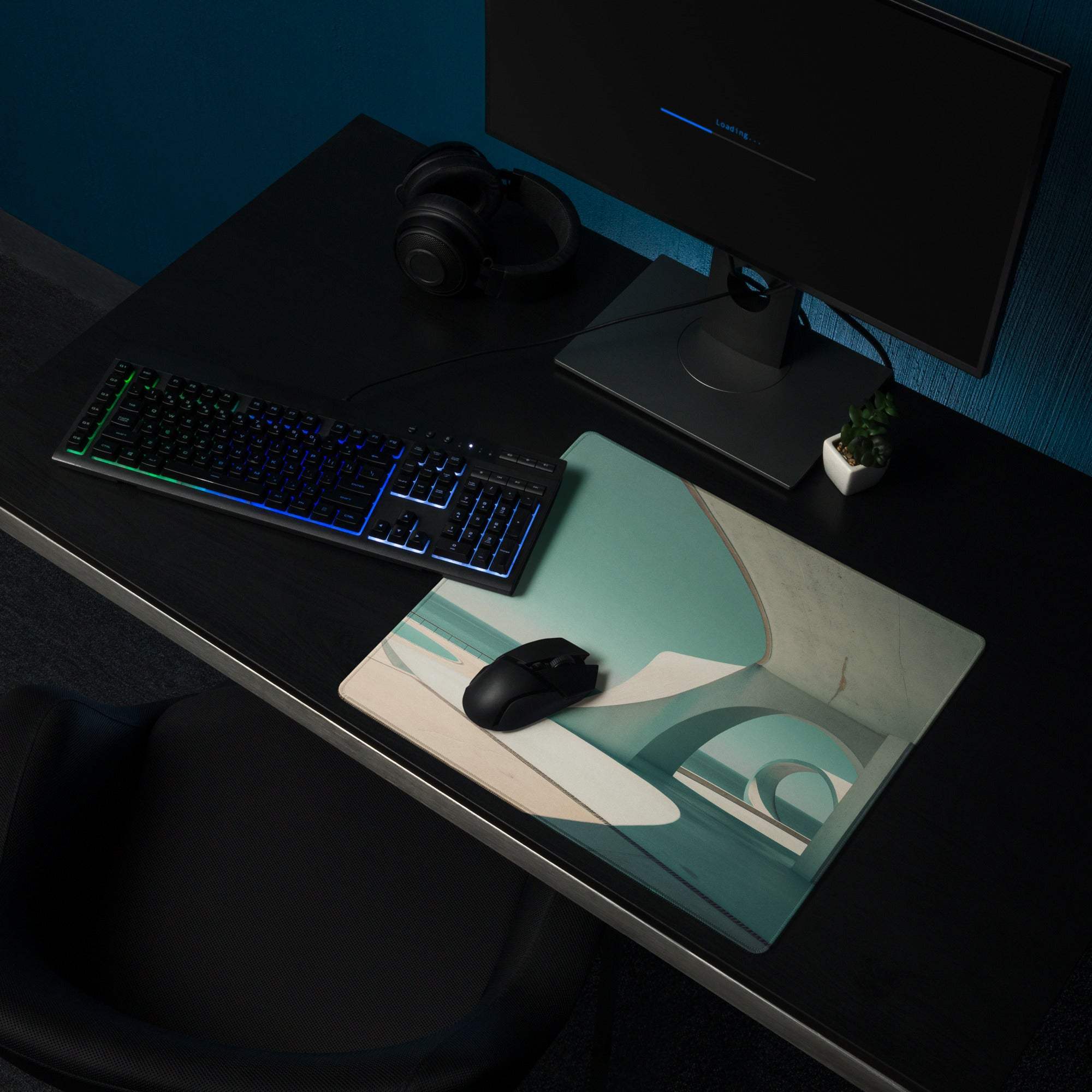 Minimalist architectural coastal teal gaming mouse pad with non-slip base