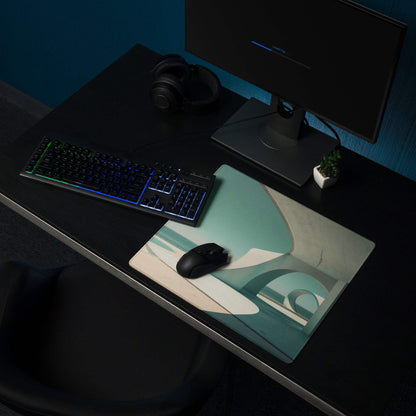 Minimalist architectural coastal teal gaming mouse pad with non-slip base