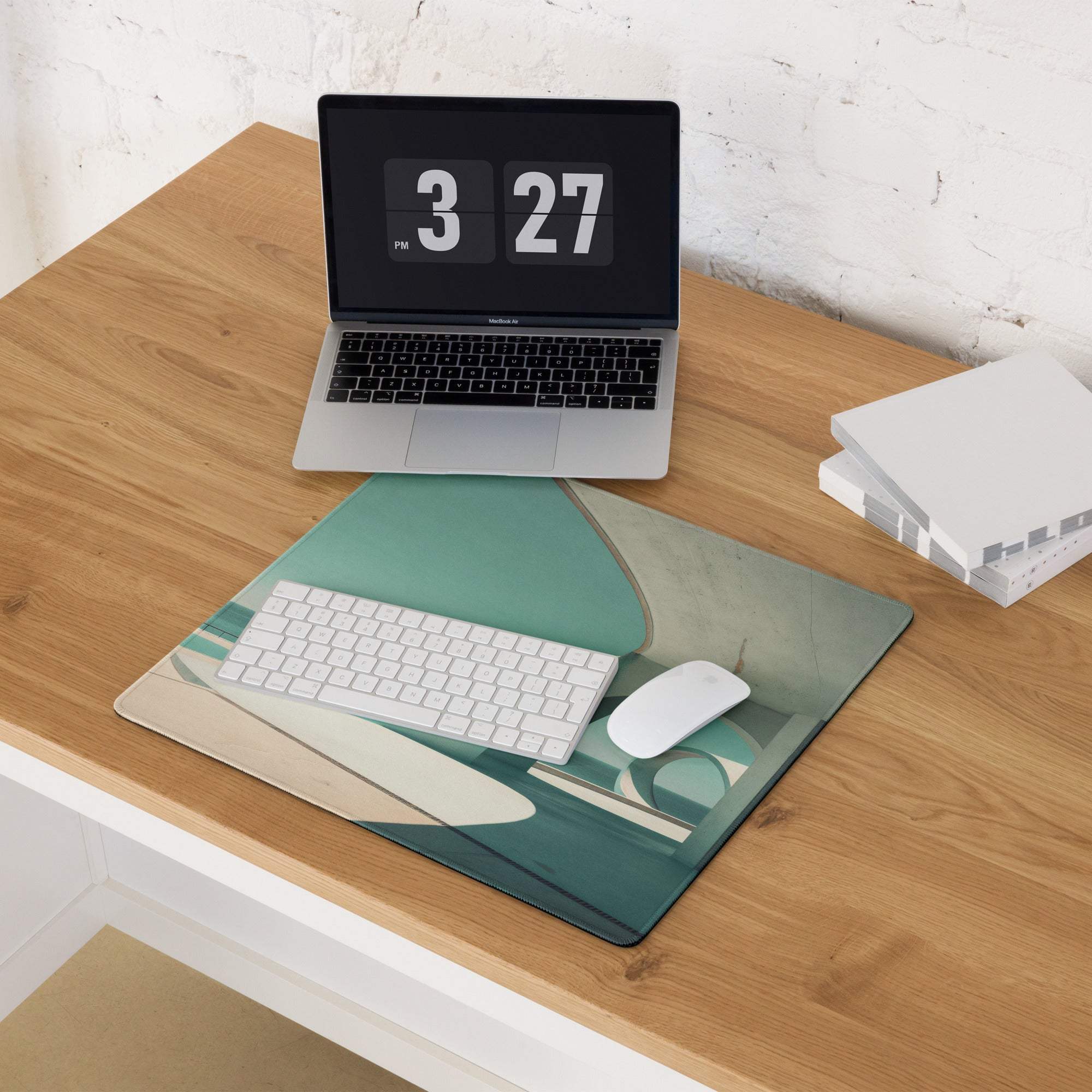 Minimalist teal beige abstract coastal gaming mouse pad with non-slip base