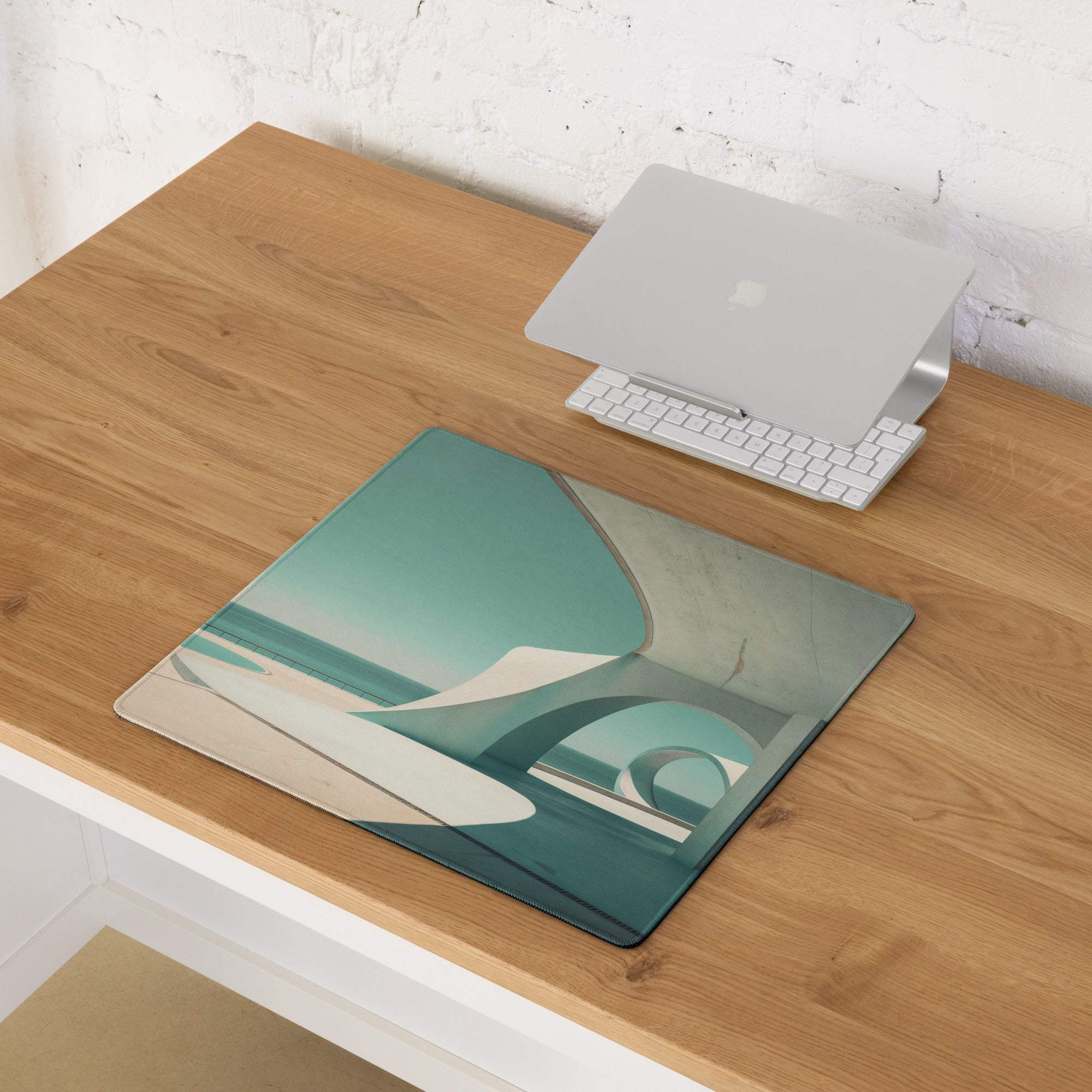Teal white abstract laptop sleeve on minimalist coastal teal mouse pad