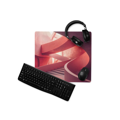Premium abstract pink spiral gaming mouse pad with headphones on top