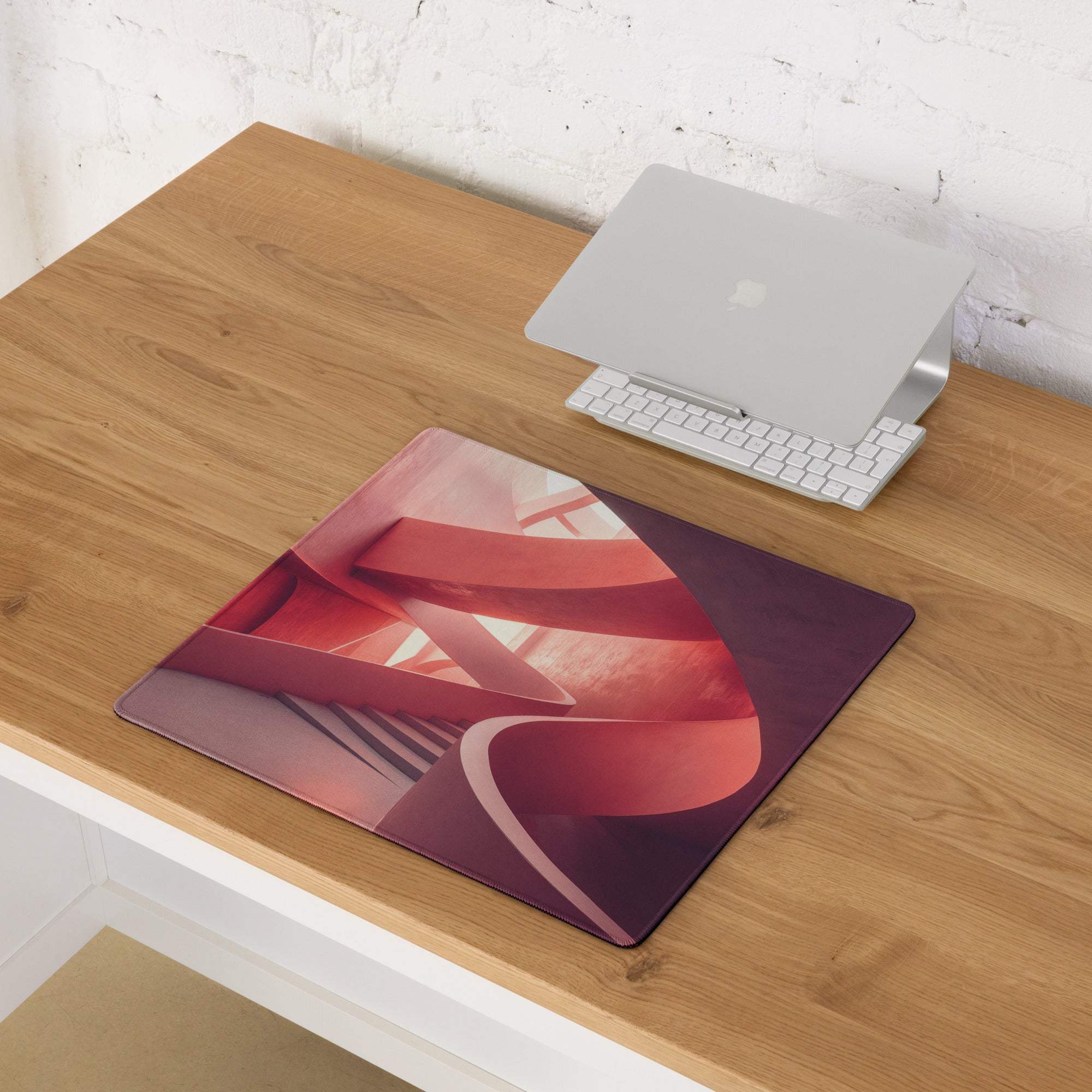 Premium abstract pink spiral gaming mouse pad with red purple geometric design