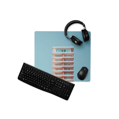 Pastel sky blue gaming mouse pad with peach balcony building print