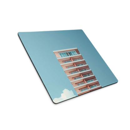 Light blue gaming mousepad with pink apartment building print