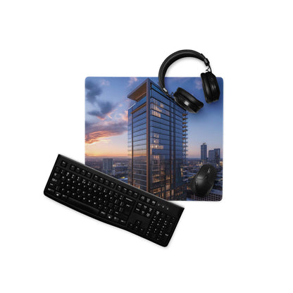 Black keyboard on cinematic urban skyline blue sunset gaming mouse pad
