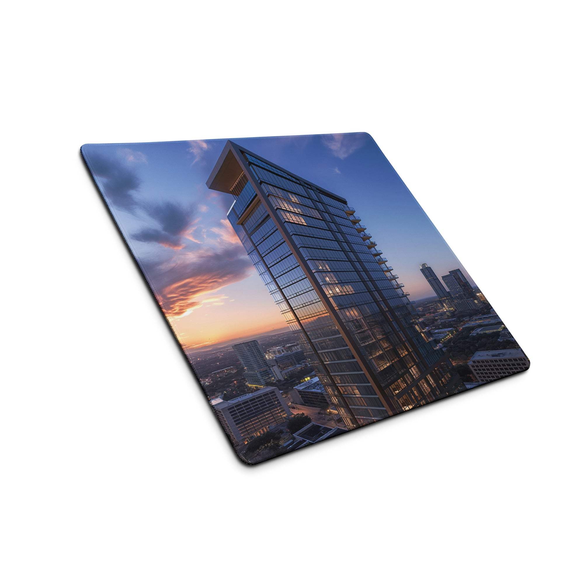 Square mousepad with cinematic urban skyline blue sunset skyscraper at sunset