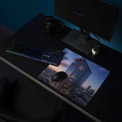 Cinematic urban skyline blue sunset gaming mouse pad with cityscape