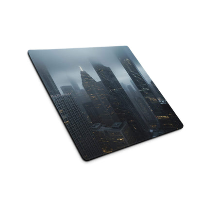 Black rectangular mousepad with foggy city skyline and blue mist skyscrapers