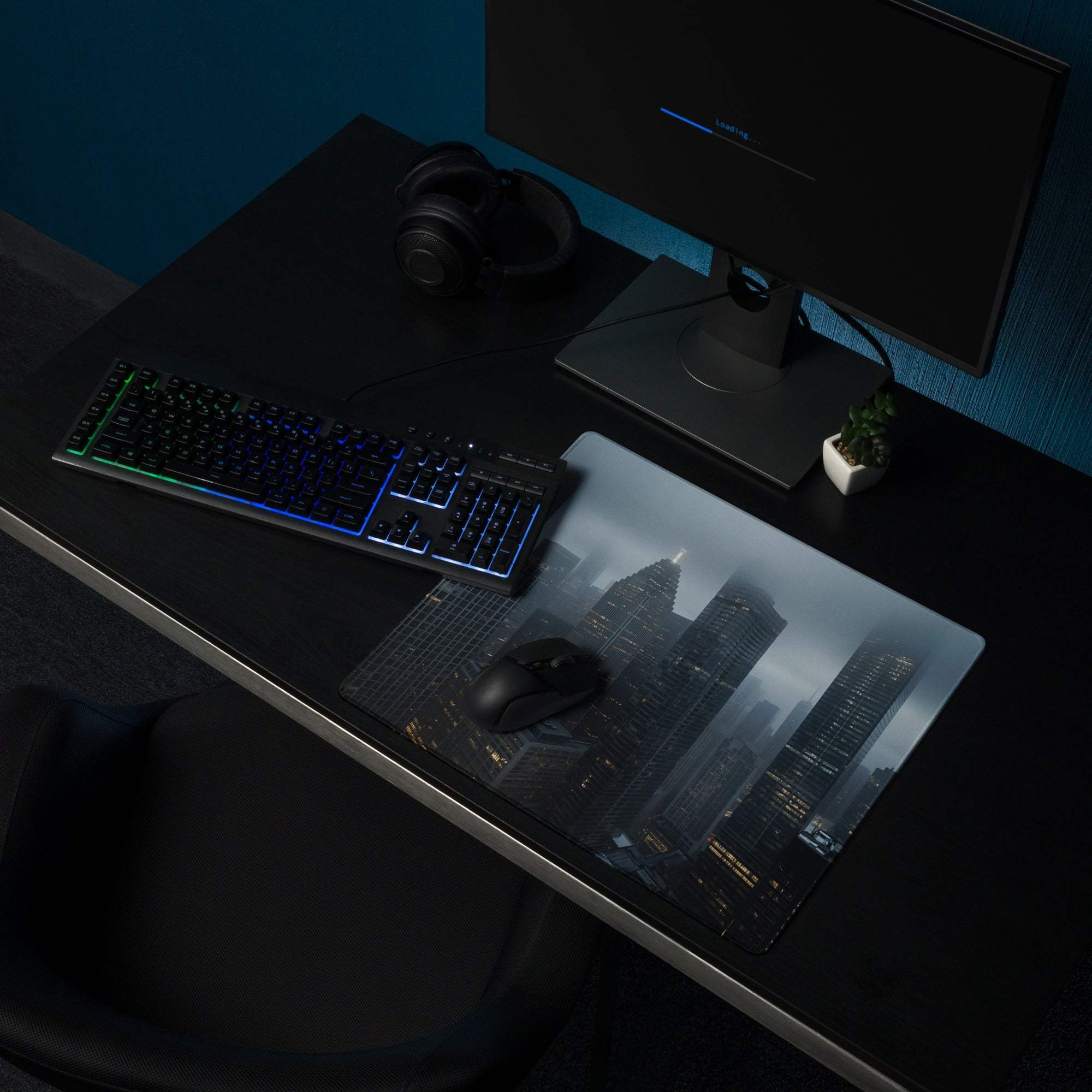 Black and gray cityscape glossy gaming mousepad large size with non-slip base