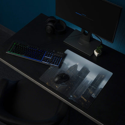 Black and gray cityscape glossy gaming mousepad large size with non-slip base