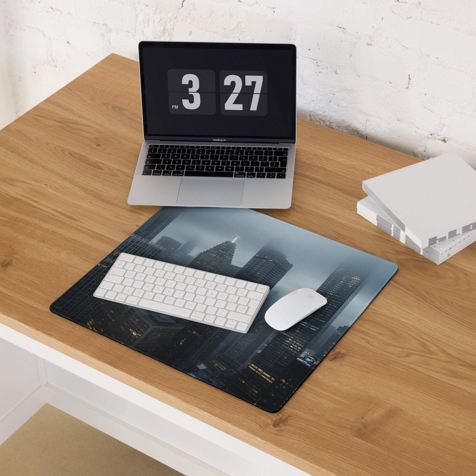 Premium Blue Mist city skyline gaming mousepad with glossy black skyscrapers