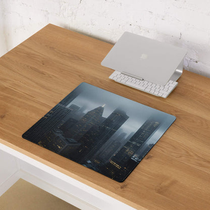 Premium blue mist city skyline gaming mouse pad with moody night skyline