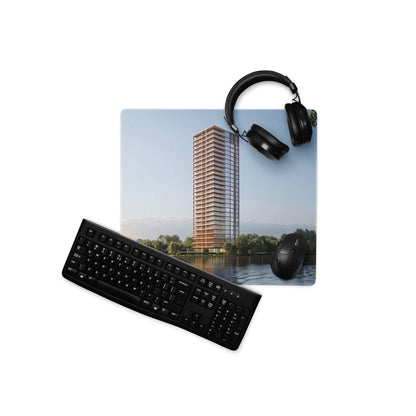 Black keyboard and mouse on urban waterfront high-rise mousepad