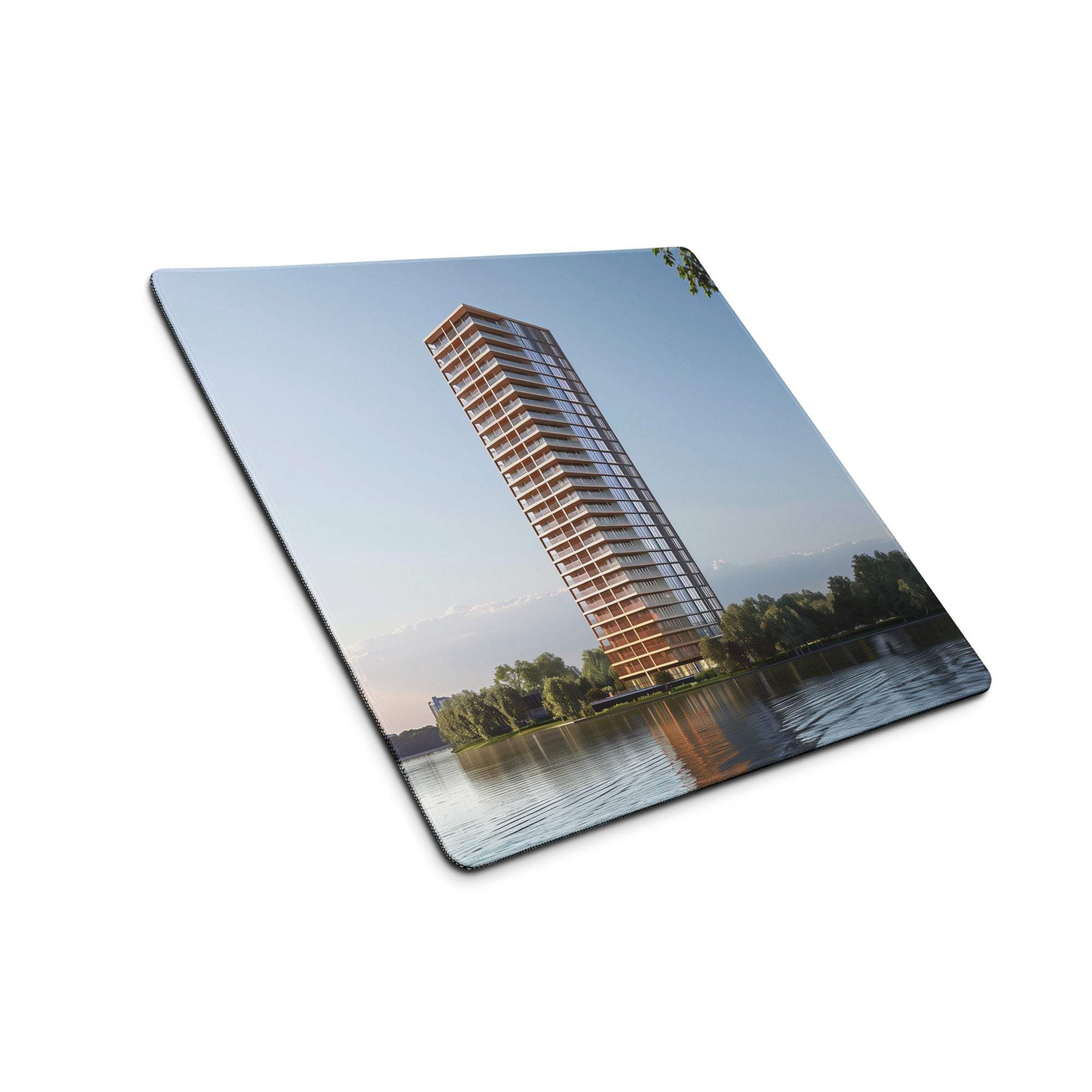 Urban cityscape calm waterfront gaming mouse pad with high-rise building print