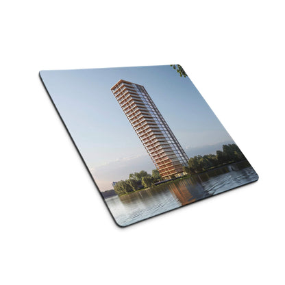 Urban cityscape calm waterfront gaming mouse pad with high-rise building print