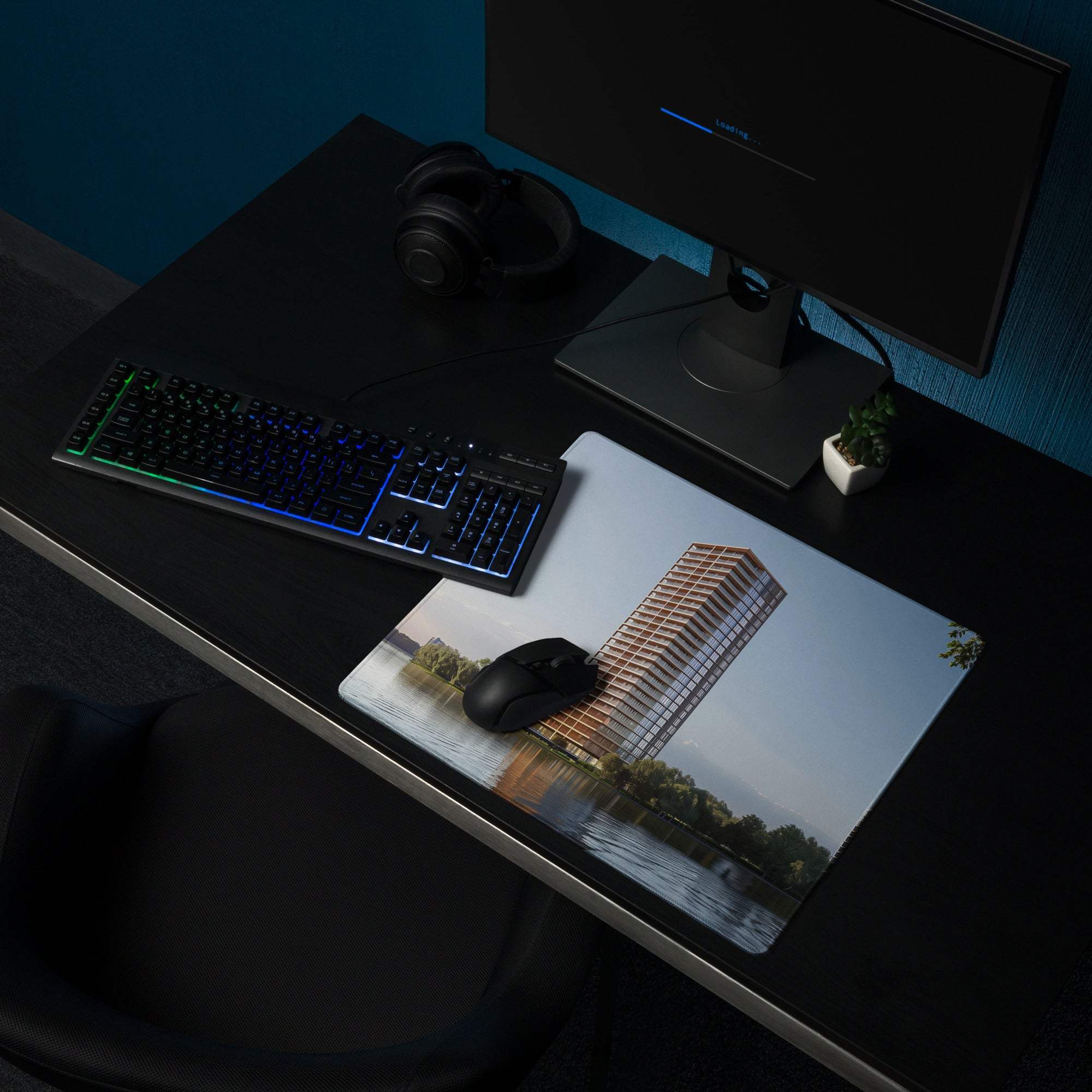 Urban cityscape mouse pad with calm waterfront high-rise reflection