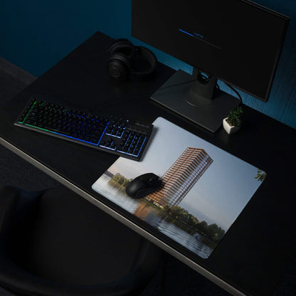 Urban cityscape mouse pad with calm waterfront high-rise reflection