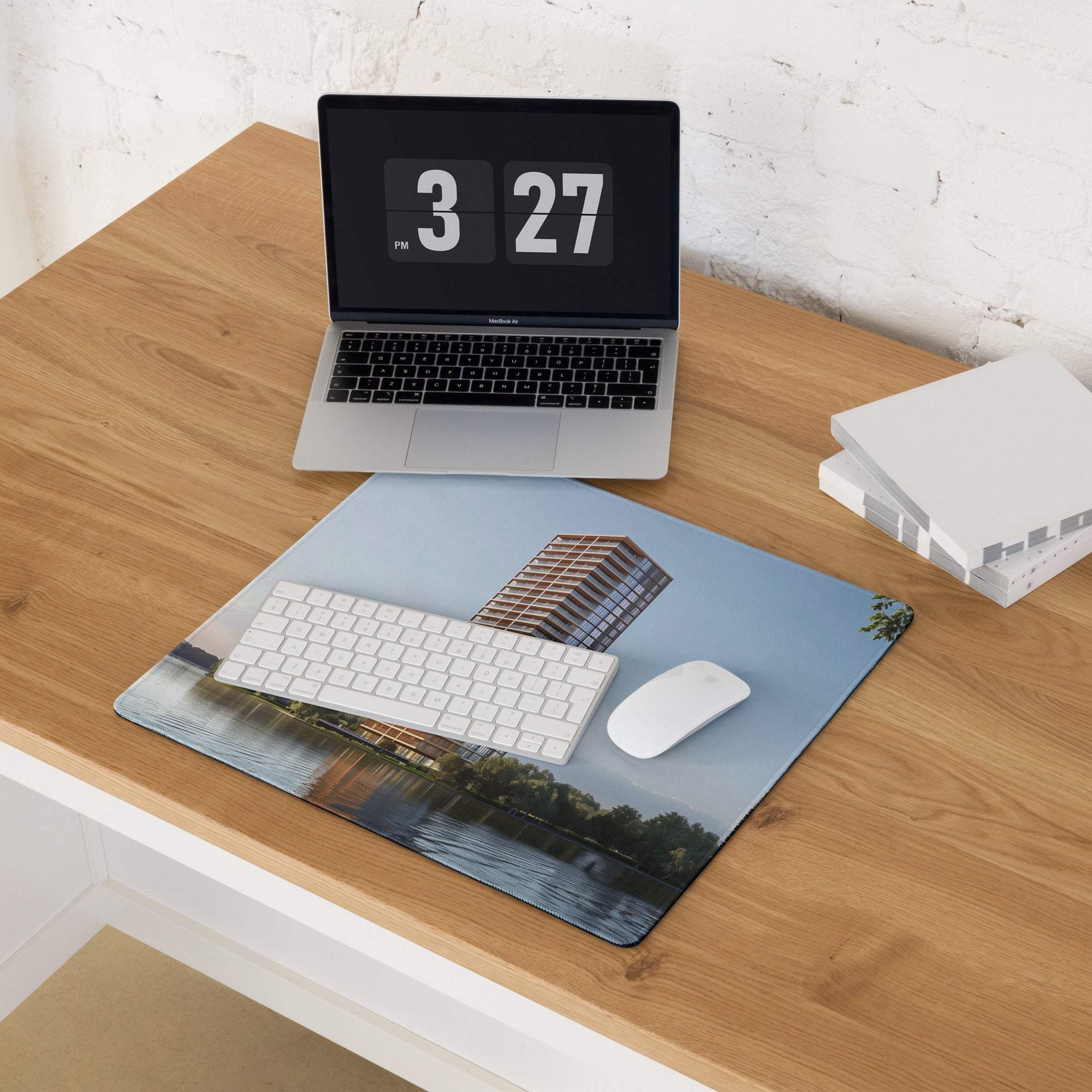Urban cityscape mouse pad with waterfront high-rise, non-slip base