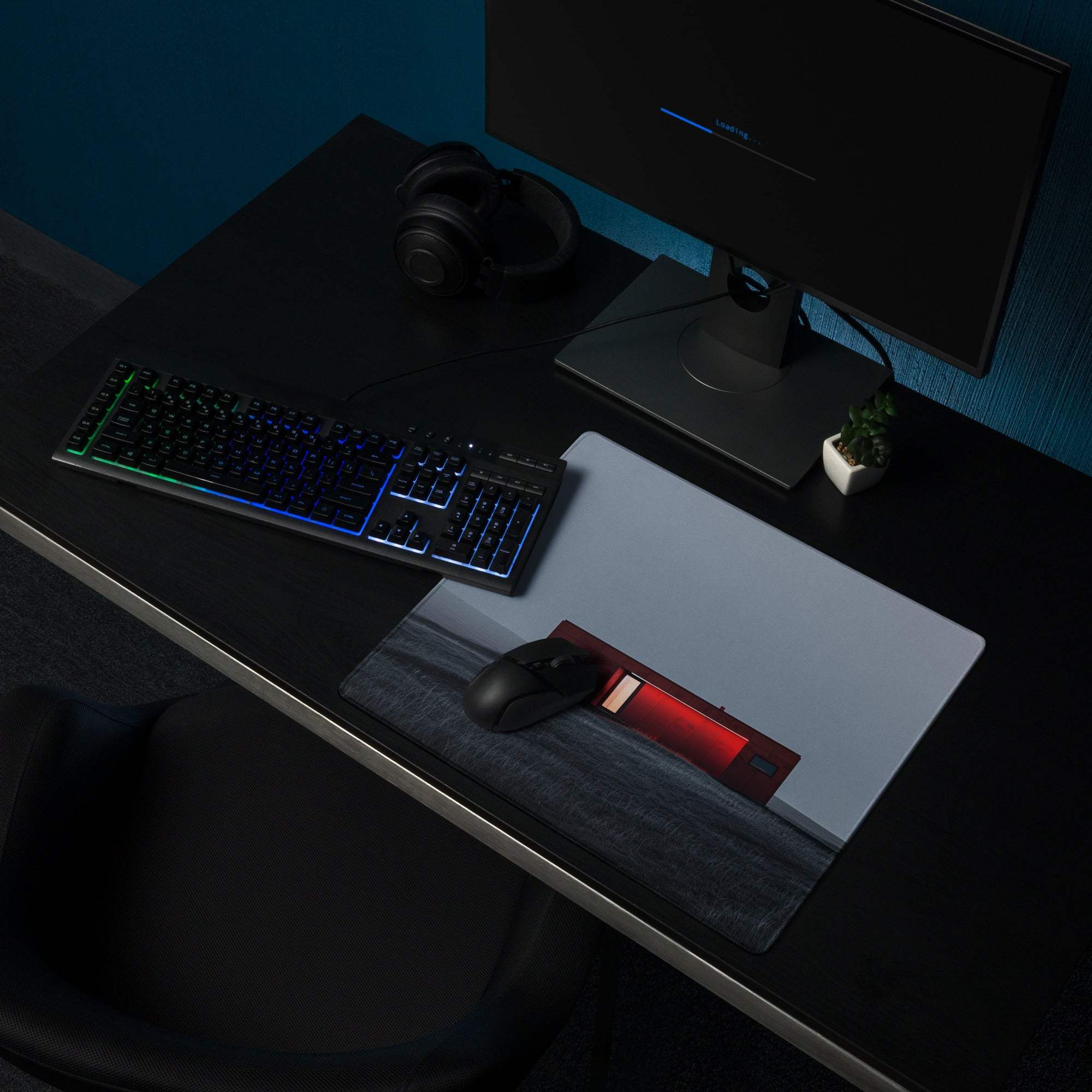 Minimalist house scene red dusk gaming mouse pad with white base and red rectangle