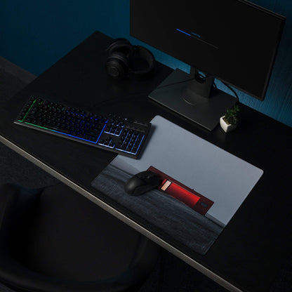 Minimalist house scene red dusk gaming mouse pad with white base and red rectangle