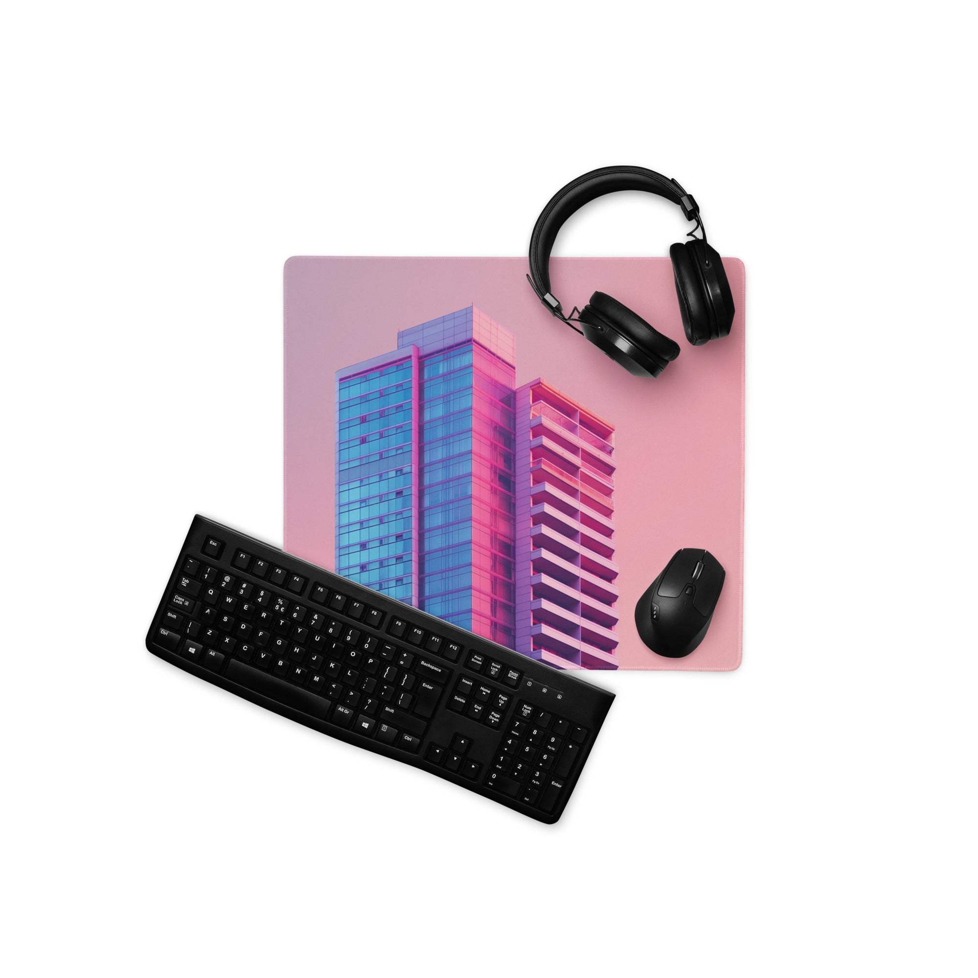 Pink rectangular mousepad with neon gradient cityscape design
