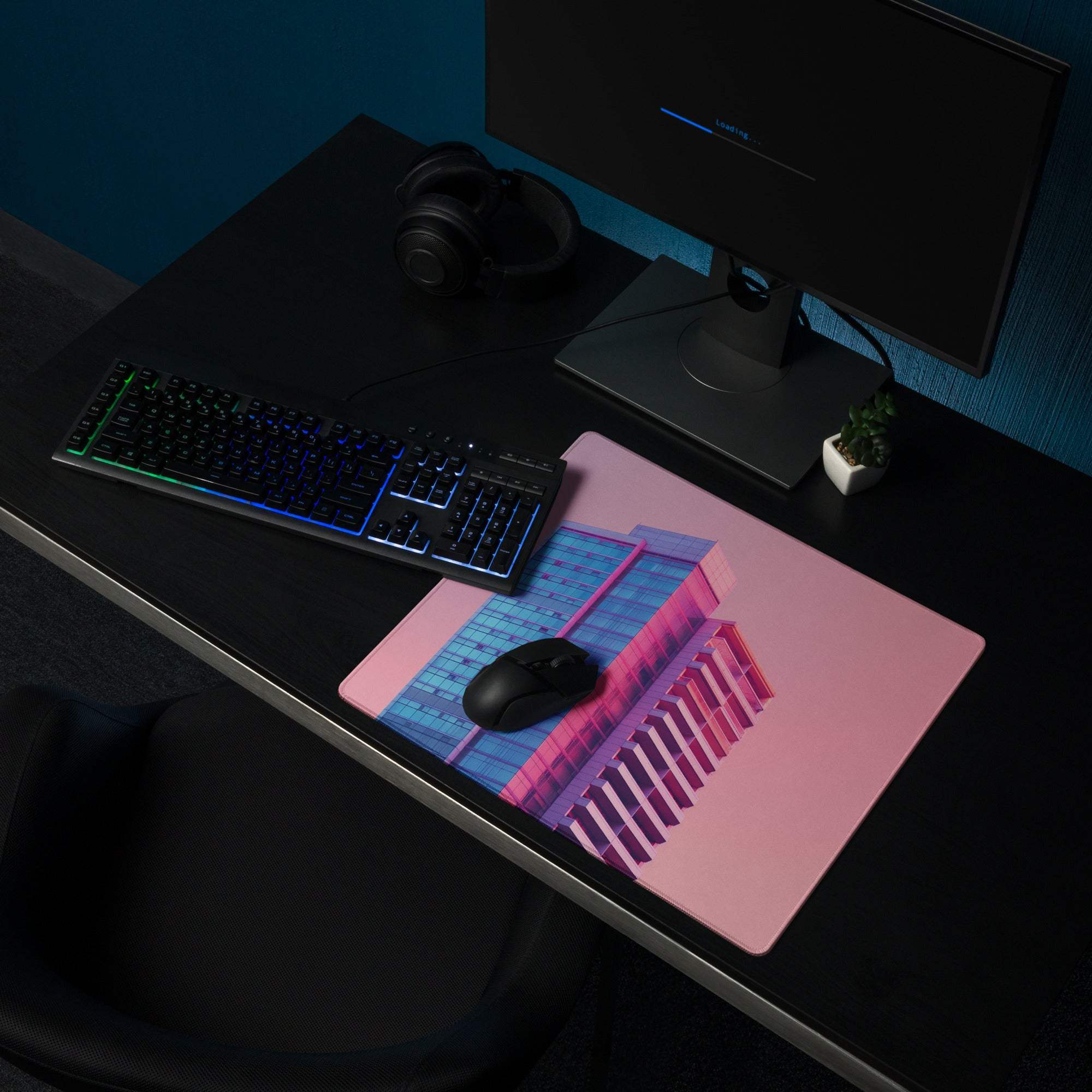 Neon pink gradient cityscape gaming mouse pad large with blue purple building design