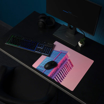 Neon pink gradient cityscape gaming mouse pad large with blue purple building design