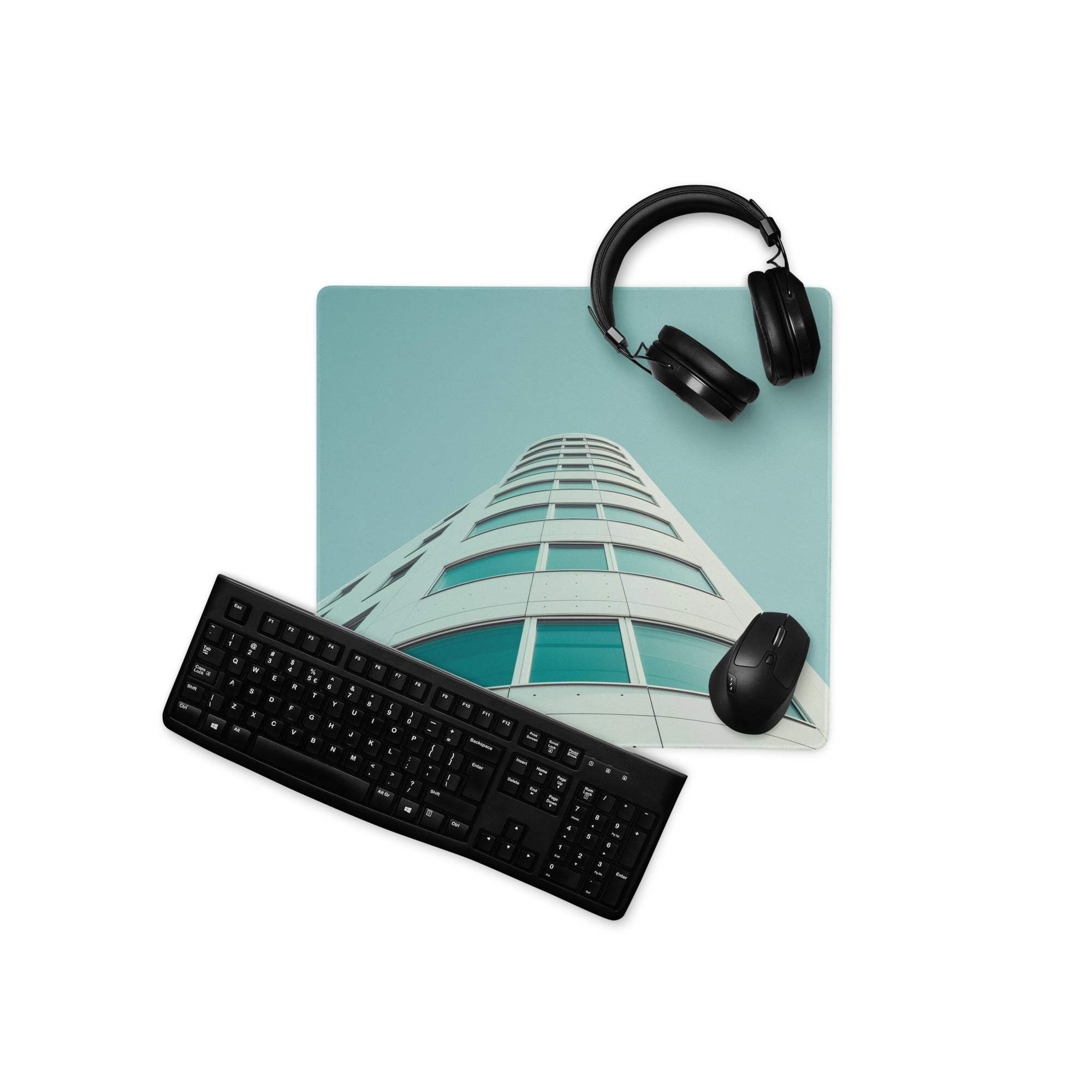 Modern architecture teal large gaming mouse pad with headphones and mouse